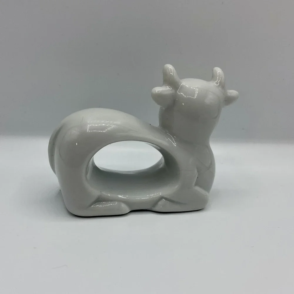 Vintage Japanese White Ceramic Napkin Rings Holders Set Of 4 Cow Pig Duck Rabbit
